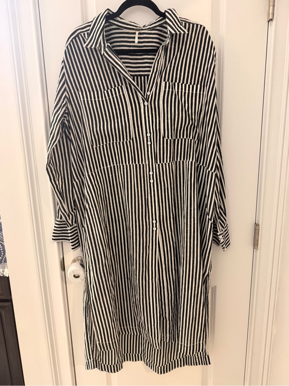 Free People- Black and White Striped Button-Down Shirt Dress/Cover Up-Large